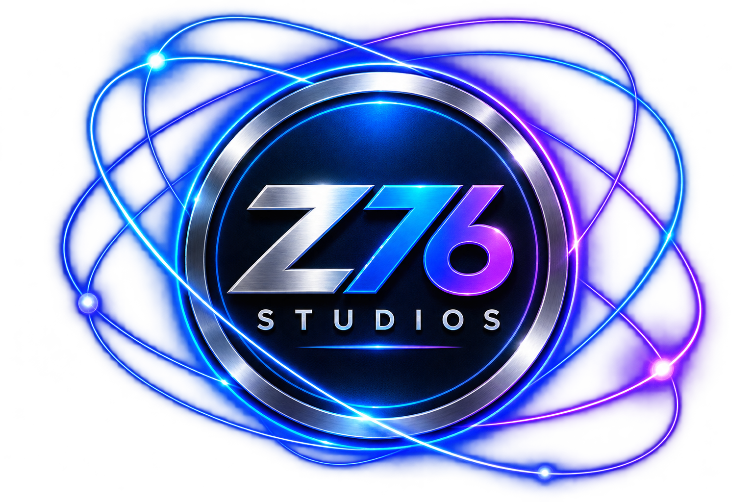 Zero76 Studios metallic Z76 badge surrounded by electric blue and purple orbital rings